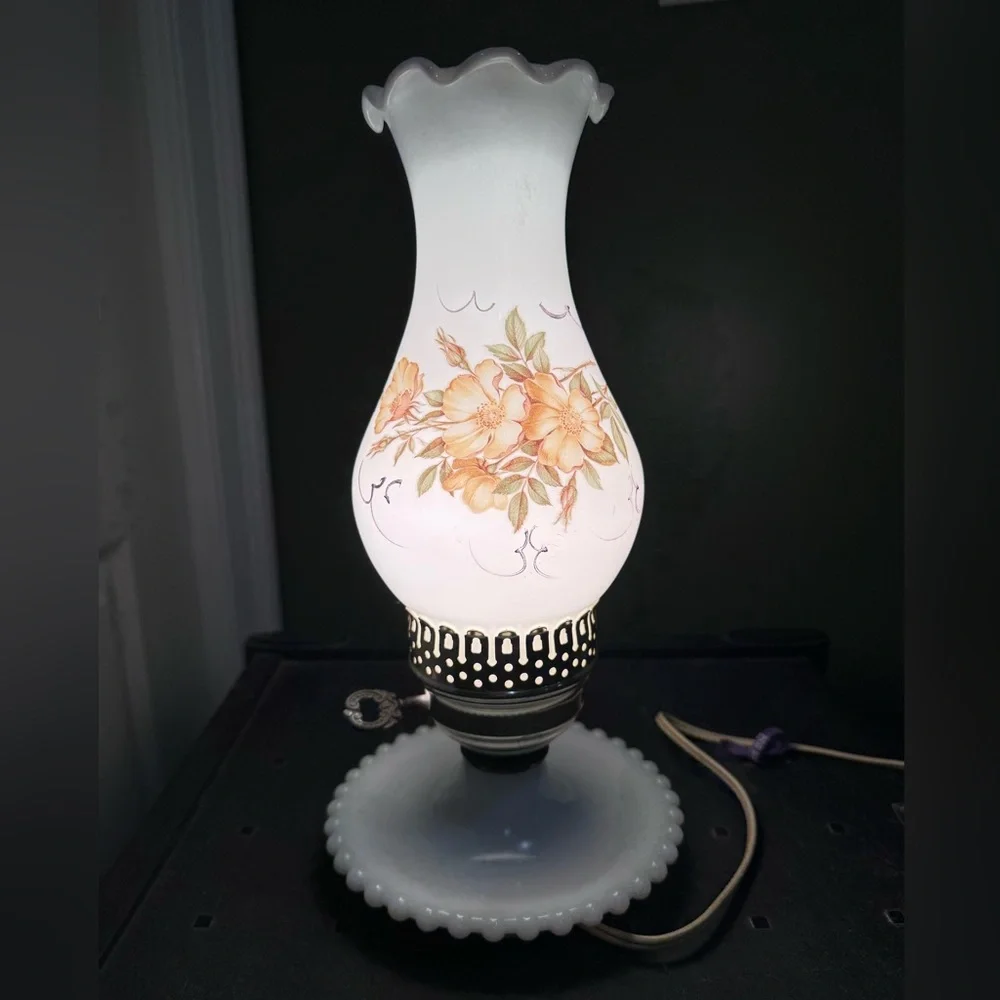 Milk Glass Hurricane Vanity Table Lamp Victorian Style Dogwood Ruffled Edge (2)